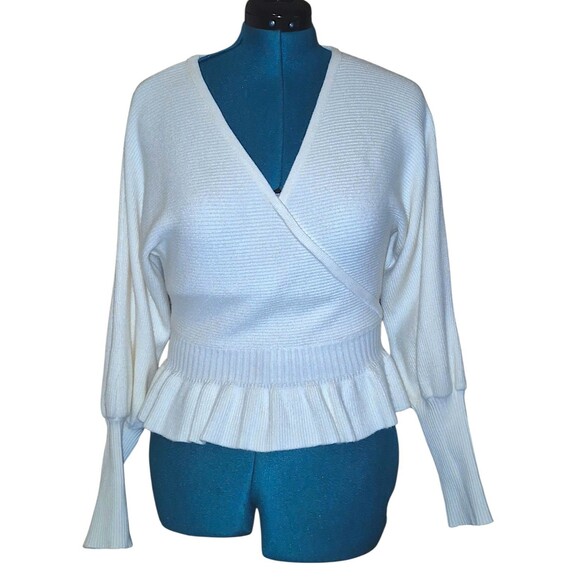 Express Ivory Puff Sleeve Peplum Ballet Core Off Shoulder Ribbed Sweater Medium - Picture 2 of 7